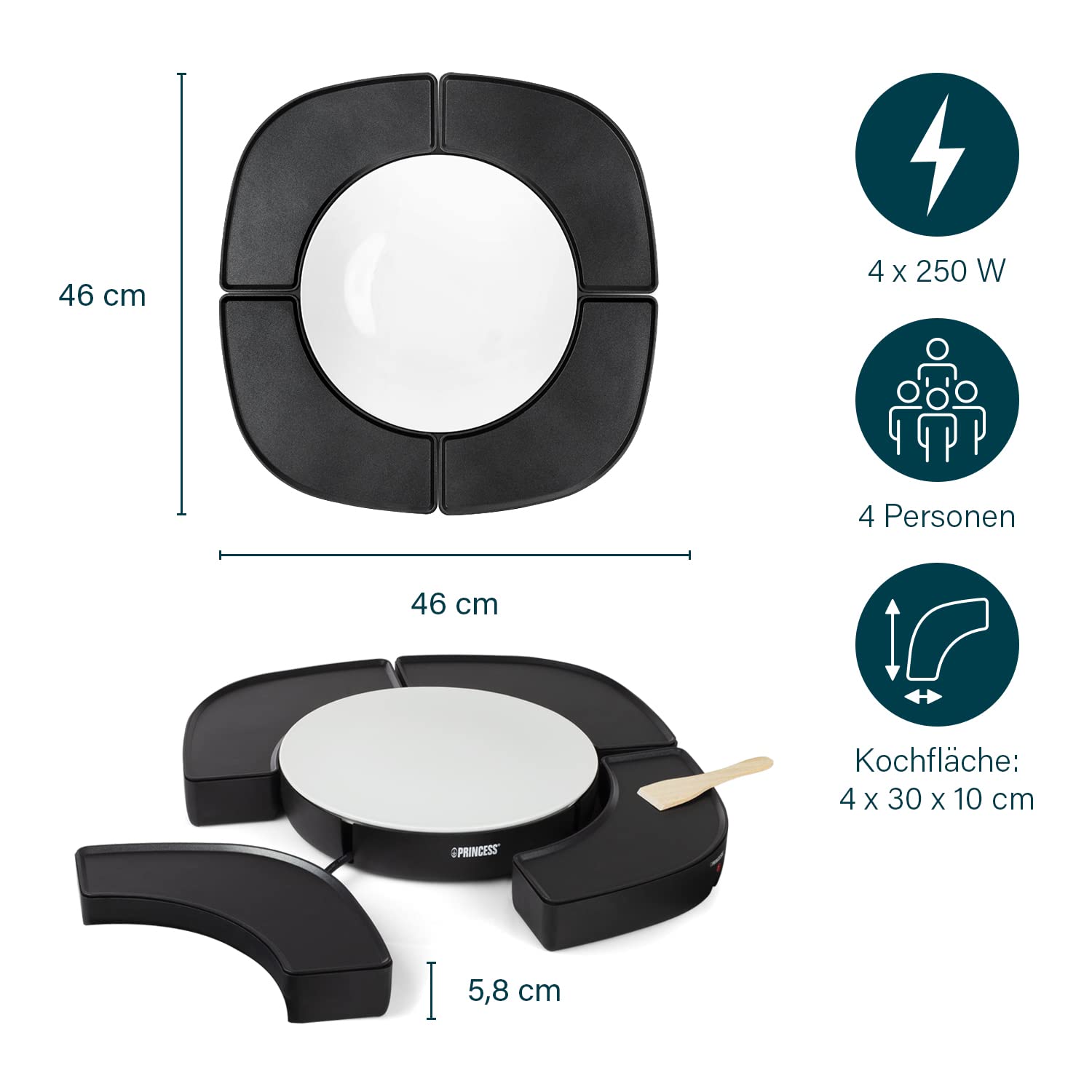 Princess 103070 Dinner4all Circle - 4 einzelne Grillplatten - 4 x 250 W Inklusive Spatel Schwarz