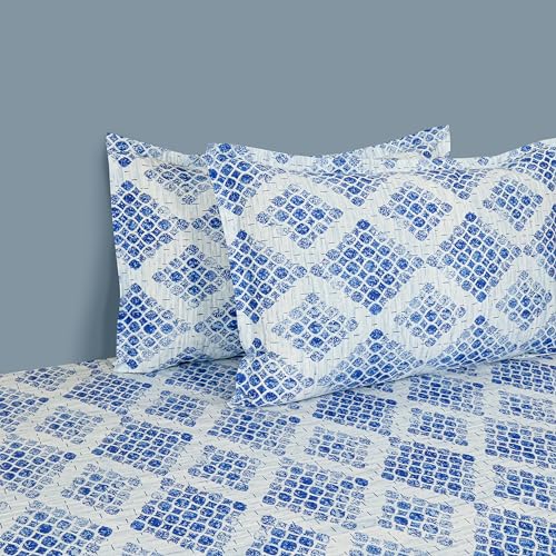 Image of Swayam Pure Cotton King Fitted Bedsheet with 2 Pillow Covers | 160 TC Soft Breathable Bed Sheet | Geometric Printed | Size 72 x 78 x 10 inch | Comfortable & Durable for Bedroom - Blue & Cream