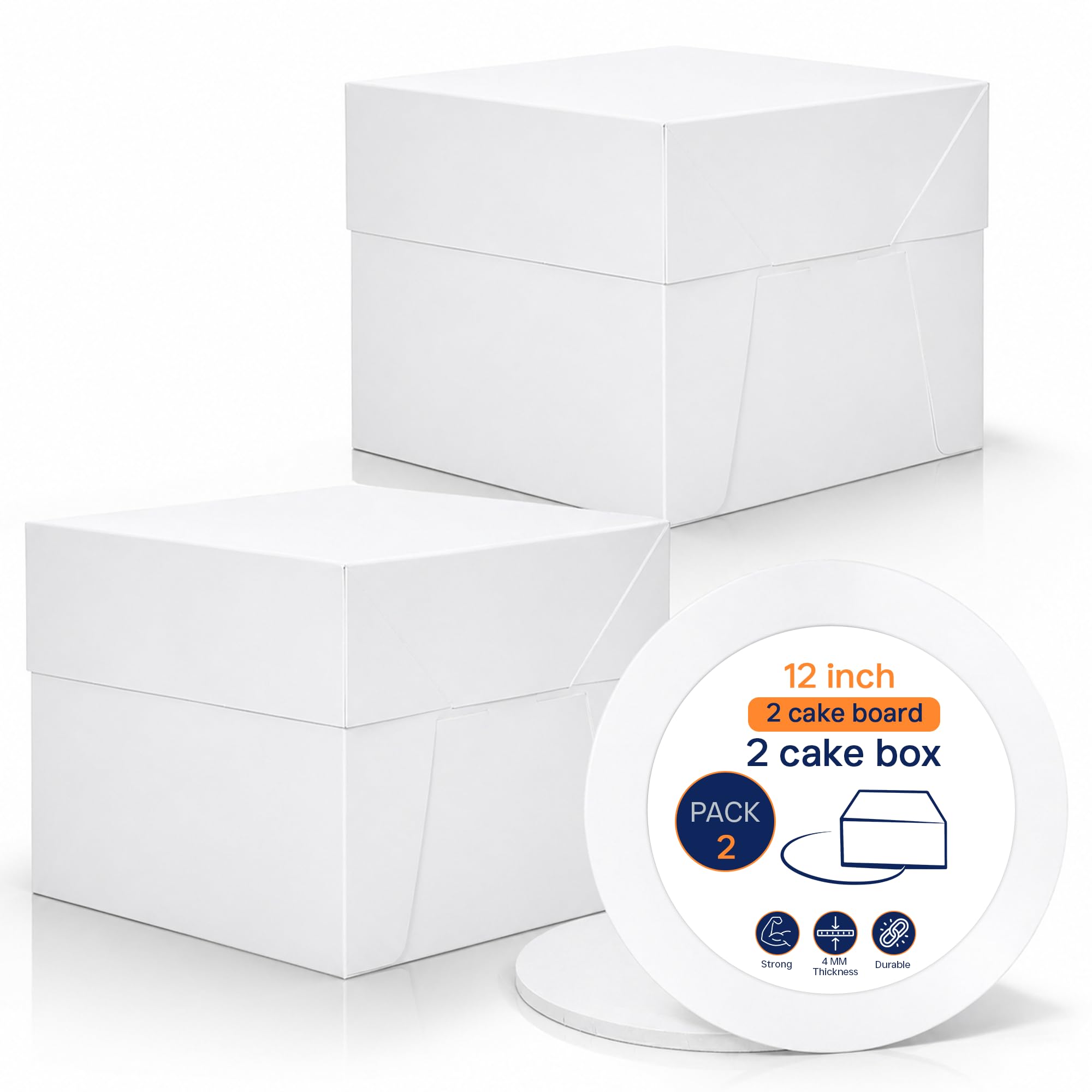SAMZ Packaging 2 Pack Tall Cake Boxes 12x12x12 inch with 2 Round 4mm Masonite Cake Boards – White Cake Box & Board Set for Tiered, Wedding & Celebration Cakes