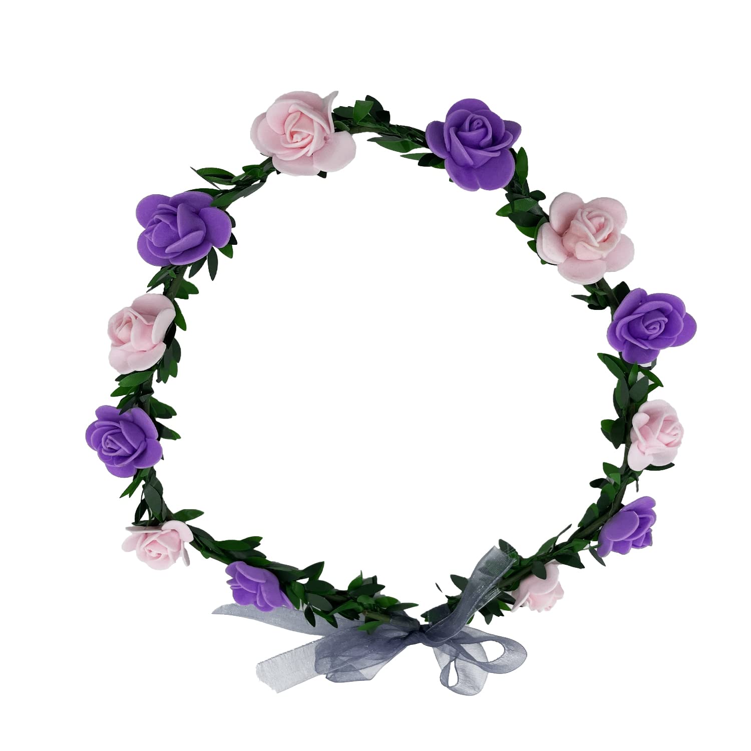 Women Rose Floral Crown Hair Wreath Leave Flower Silk Headband with Adjustable Ribbon