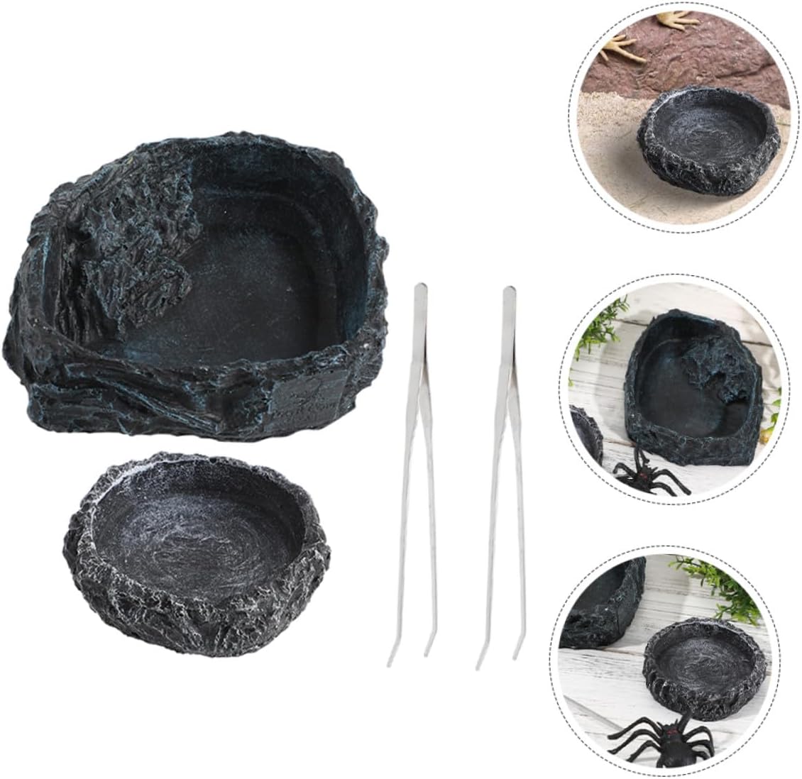 Totority Reptile Food Bowl and Large Snake Water Dish Set with Small Gray Bowl and 27cm Curved Feeding Tongs for Bearded Dragon, Tortoise, Frog, and Spider Terrarium
