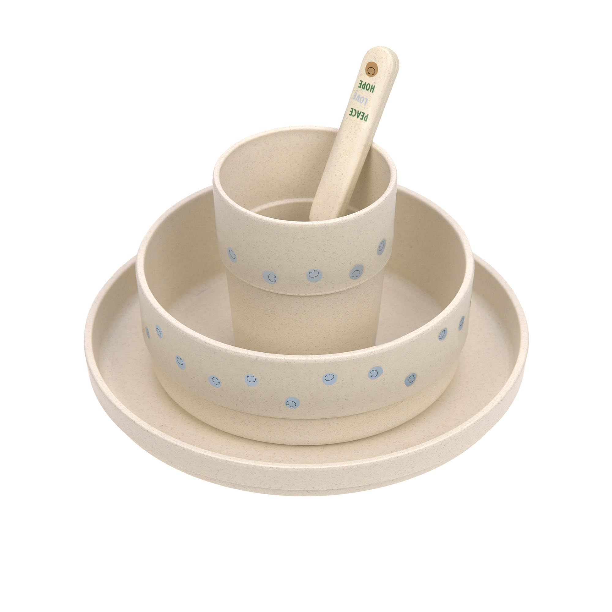 LÄSSIG Set de vaisselle pour enfants (assiette, gobelet, bol, cuillère) sans mélamine, sans BPA, pour lave-vaisselle et micro-ondes/Dish Set Happy Rascals Smile sky blue