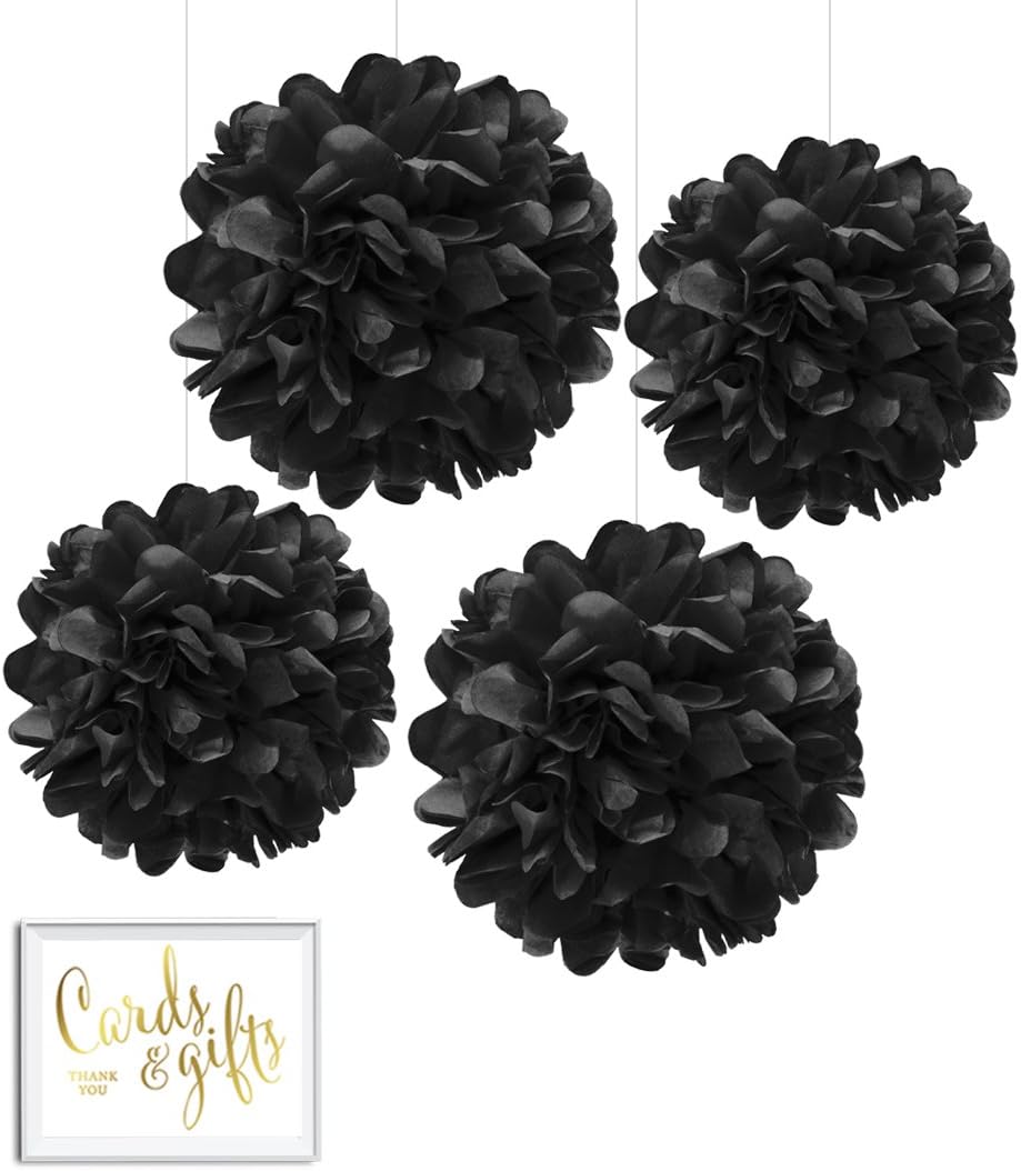 Andaz Press Tissue Paper Pom Poms Hanging Decorations with Free Gold Card & Gifts Party Sign, Black, 8-inch and 10-inch, 4-Pack, Colored Birthday Party Supplies