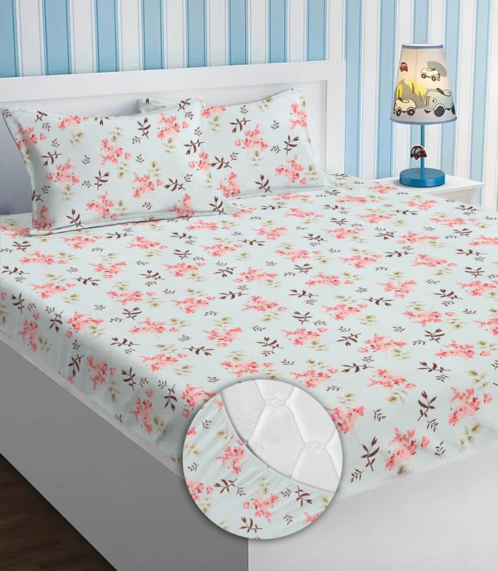 BSB HOME Premium Microfiber All Round Elastic Fitted Bedsheets for Double Bed with 2 King Size Pillow Covers 160 TC Supersoft |Wrinkel Free Bed Cover Size - 72x78+8 inches | Pink Flower & Aqua (B0CYPS8YCM) Amazon Price History, Amazon Price Tracker