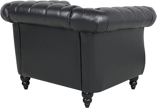 Miniatura 8 de LEVNARY Sillón tapizado de cuero, moderno sofá individual de mediados de siglo con brazos enrollados y cabeza de clavo, silla Chesterfield de piel