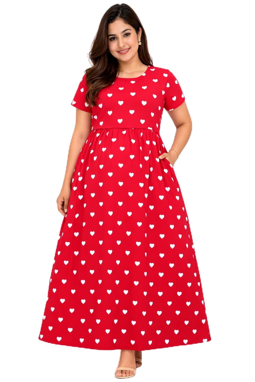 Queen Wear Women Maternity & Feeding Nighty Maxi Dress | Red White Heart Print Nighty | Shoulder Buff Puff Sleeve | Back Rope Tie | Right Side Pocket | Pull-On Feeding Pregnancy Sleepwear XL-image-31