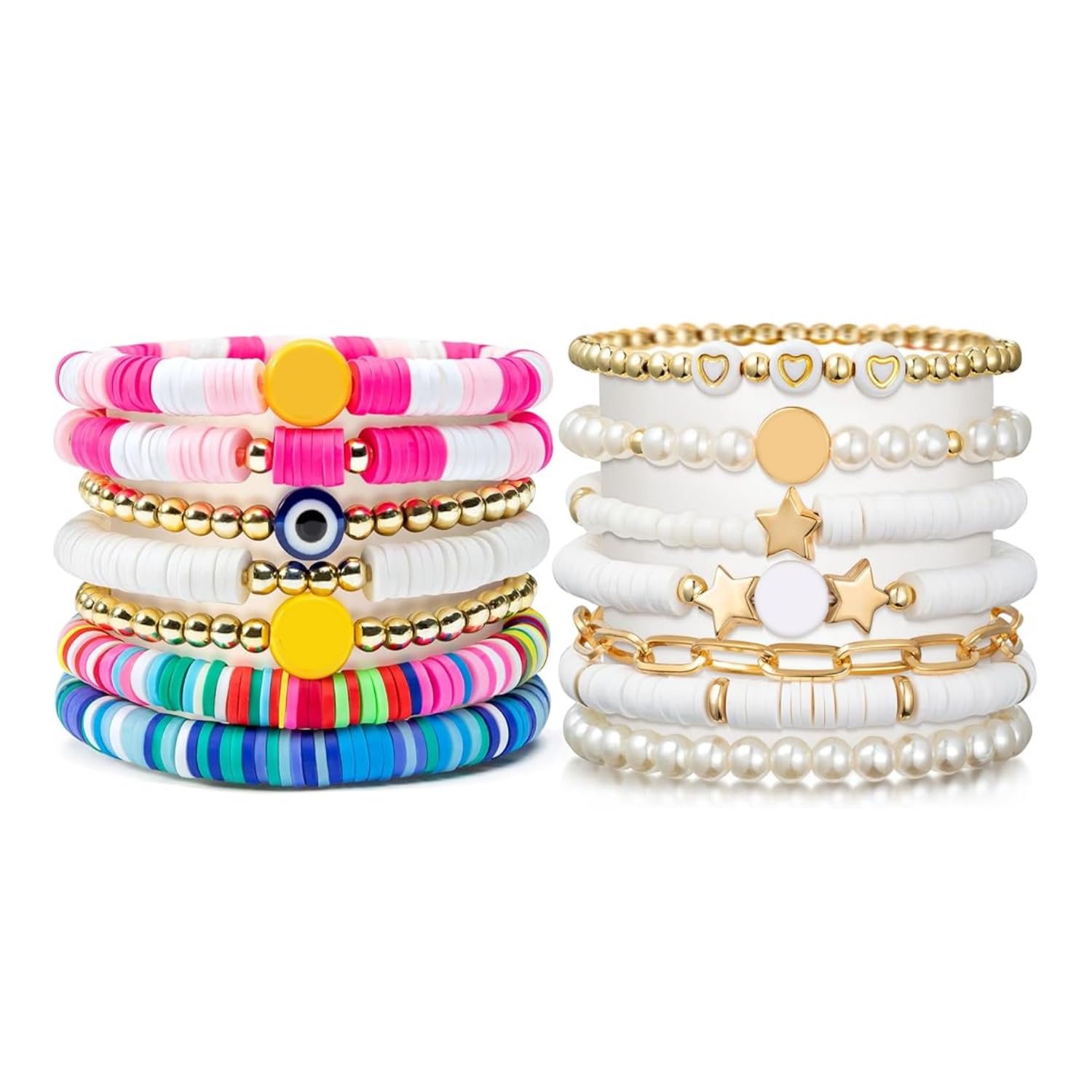 14Pcs Bracelets Mixed Color and White Heart Star Beaded Surfer Bracelets Polymer Clay Stackable Summer Beach Layering Bracelets Boho Jewelry