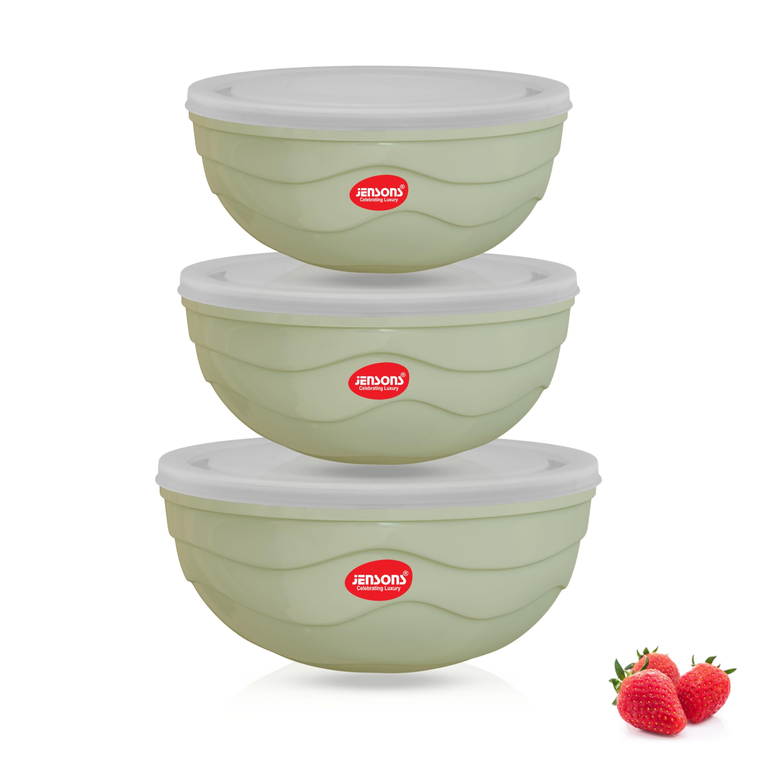 JENSONS Flora Microwave Safe Bowl | Serving Bowl with Lid, Mixing Bowl, Oven Bowl Set Microwave, Flora Stainless Steel Bowl Set of 3 with 600ml, 1000ml, 1400ml-Light Green