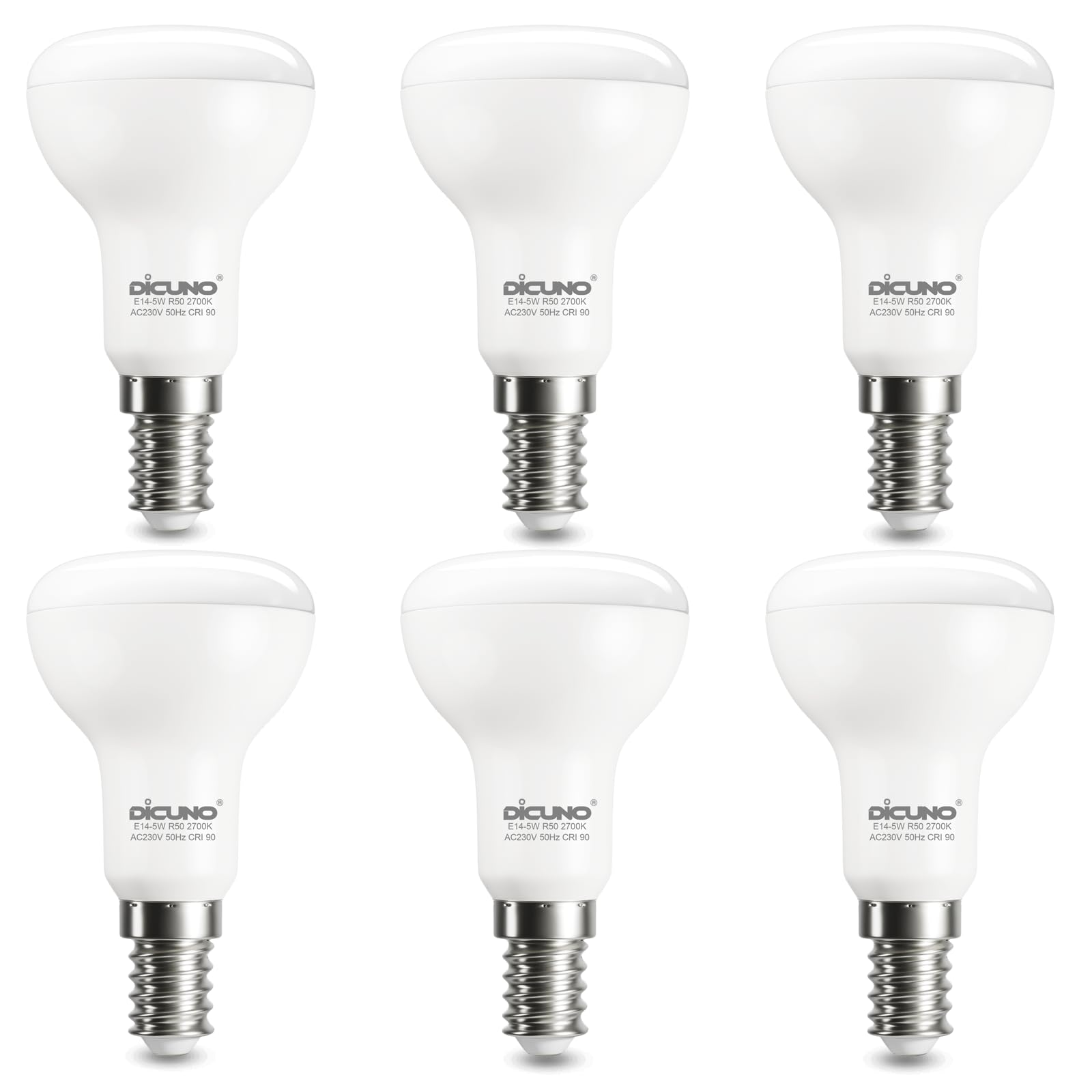 DiCUNO E14 LED Lampe 5W, Warmweiß 2700K, ersetzt 50W Halogenstrahler, 550LM, R50 Reflektorlampe 120° Abstrahlwinkel, CRI 90, 230V, nicht dimmbar, 6er Pack