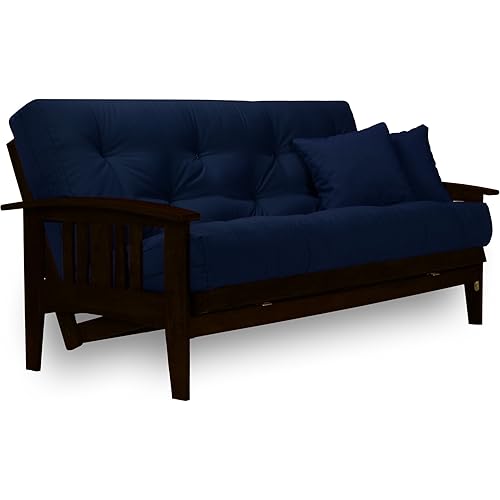 Nirvana Futons Westfield Complete Futon Set - Espresso Finish (Warm Black) – Large Queen Size, Mission Style Wood Futon Frame with Mattress Included (Twill Navy Blue), More Mattress Colors Available
