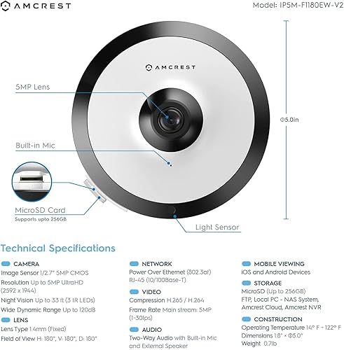 Miniatura 6 de Amcrest Fisheye IP POE Cámara, 360° Panorámica 5-Megapixel POE IP Cámara, Fish Eye Security Interior Cámara, IVS Características y conteo de
