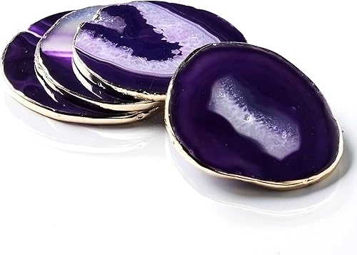 Miniatura 8 de Juego de 4 posavasos de ágata verde, geoda natural con rodajas de ágata y borde dorado, 4 x 3.5 pulgadas, posavasos de piedras preciosas para Verde