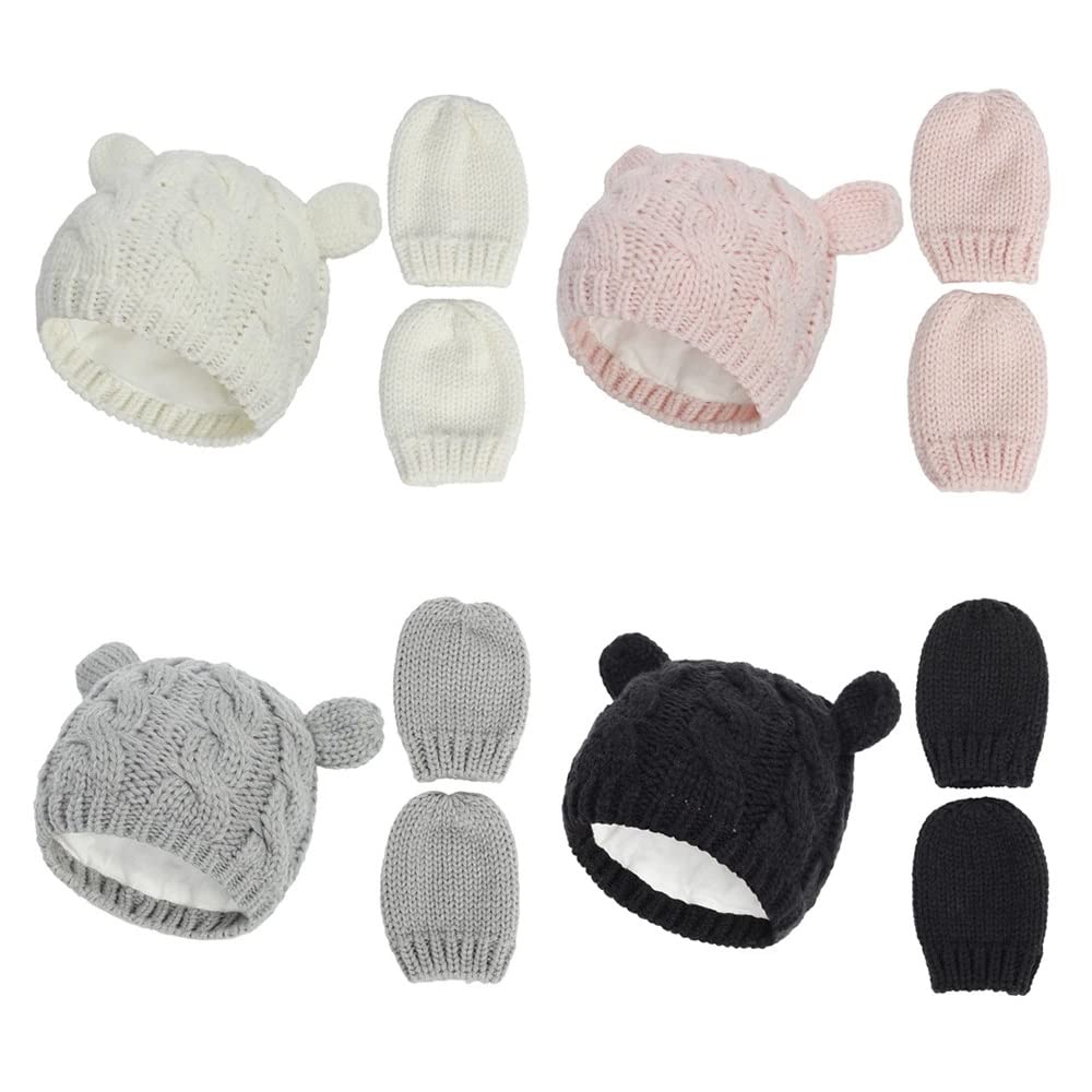 Dziewczęta Chłopcy Zimowa ciepła czapka z dzianiny Ucho Solidna, ciepła, śliczna rękawiczka 2 szt. Urocza czapka typu Beanie 0-18M