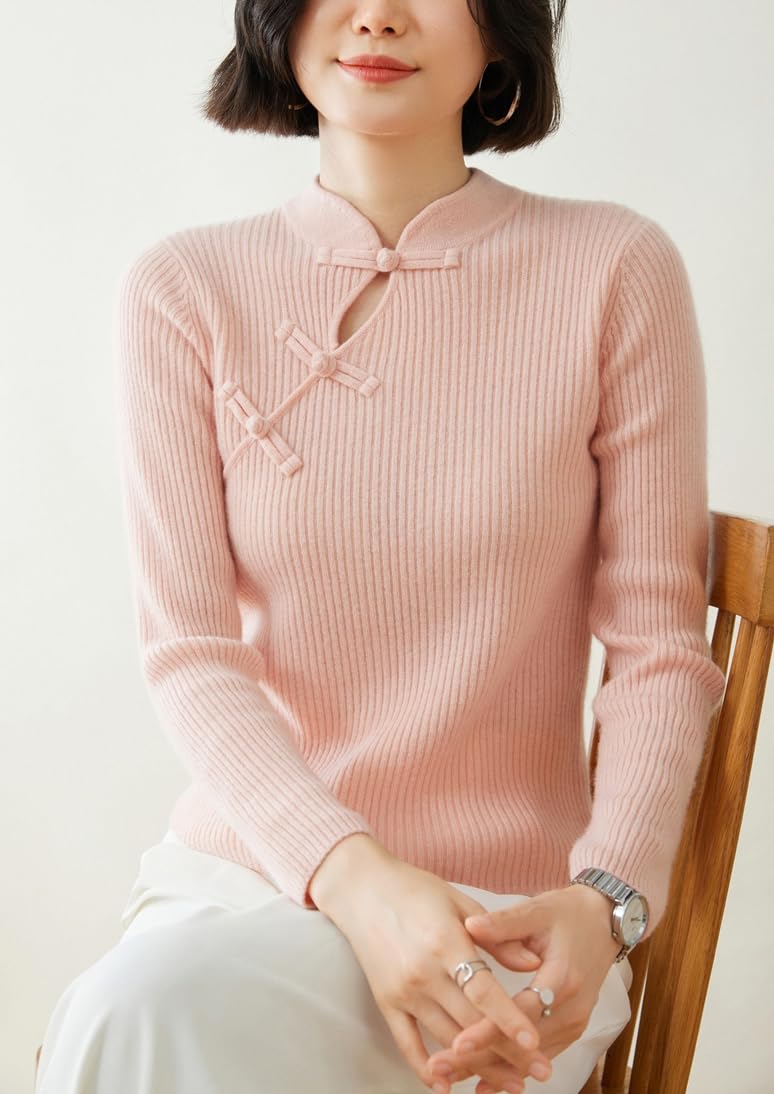 DISSA YD24162 - Maglione da donna in cashmere con colletto alto, a maniche lunghe, a righe, sottile