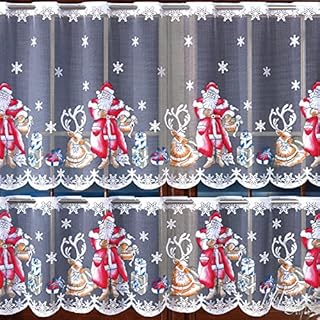 MforStyle Christmas Xmas Cafe Net Curtain Santa - READY TO HANG - HEMMED - Window decor - Width SOLD BY THE METRES (Drop 19.5" (50cm))