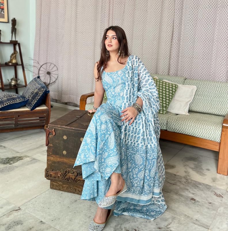 Image of Women's Cotton Anarkali Kurta Set with Dupatta | Sleeveless Printed Kurti & Palazzo Suit | Ethnic Wear for Girls & Women