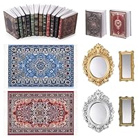 GSrenyu 18 PCS Doll House Accessories 1:12 Mini Books Doll House Rugs Mirrors Set Mini Dollhouse Accessories For Dollhouse Bedroom Decoration