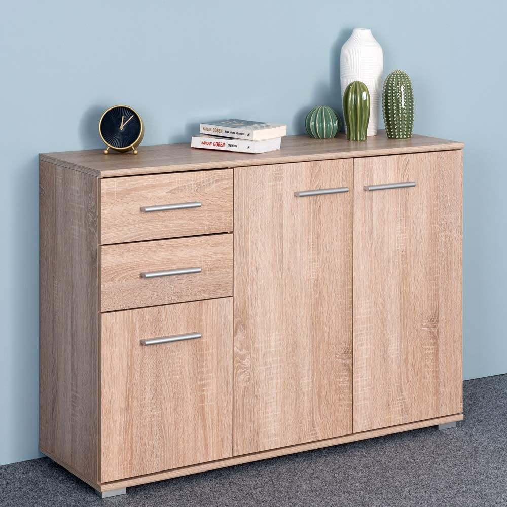 Casaria Cassettiera Alba 3 Ante con Ripiani 2 Cassetti 107x75x35cm Comò Armadietto Ufficio Mobiletto
