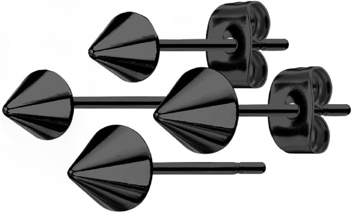 Pair of Black Cone Spike Stainless Steel Earring Studs (choose size)