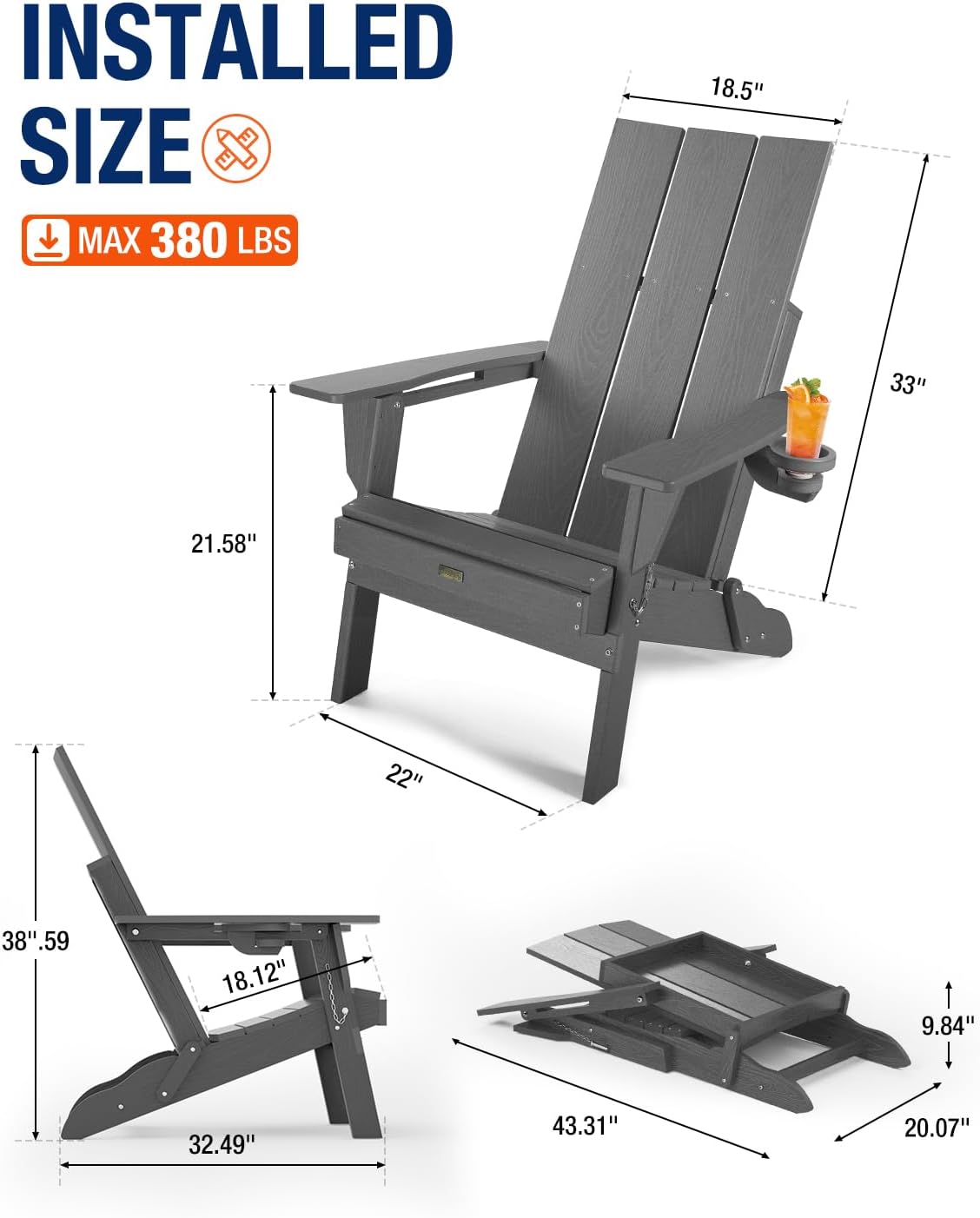 Adirondack Chair with Cup Holder: Folding Adirondack Chairs Plastic HDPE Material Furniture - Modern Composite Fire Pit Chairs Foldable for Outdoor/Backyard/Garden/Lawn/Deck/Porch/Patio