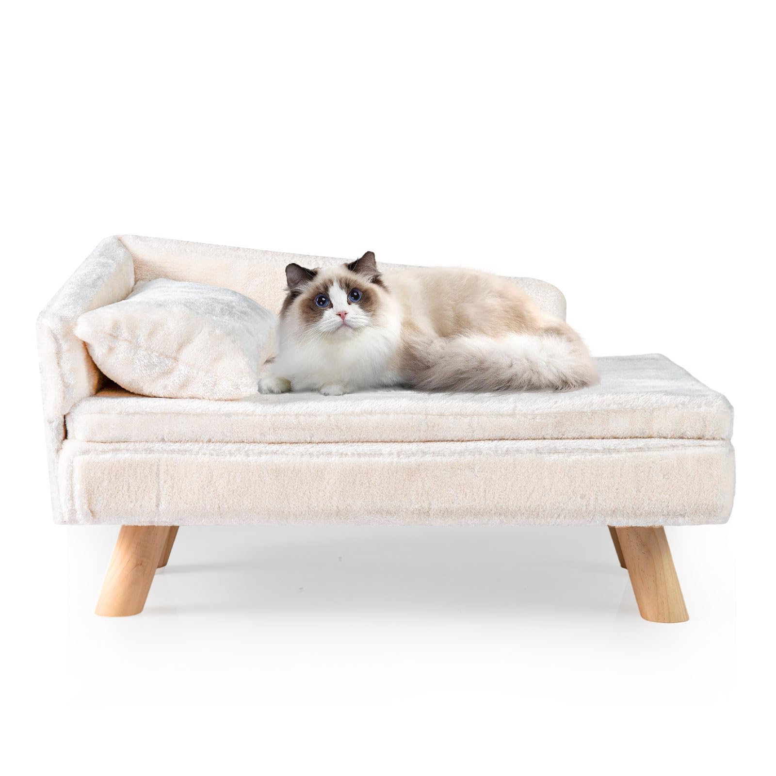 COSTWAY Canapé Lit pour Chien Chat Charge 30/50 kg, Oreiller et Coussin Amovibles, 4 Pieds en Bois, Panier pour Chien Chat Moyens & Petits, Dossier Haut (Beige,71 x 43 x 40 cm)