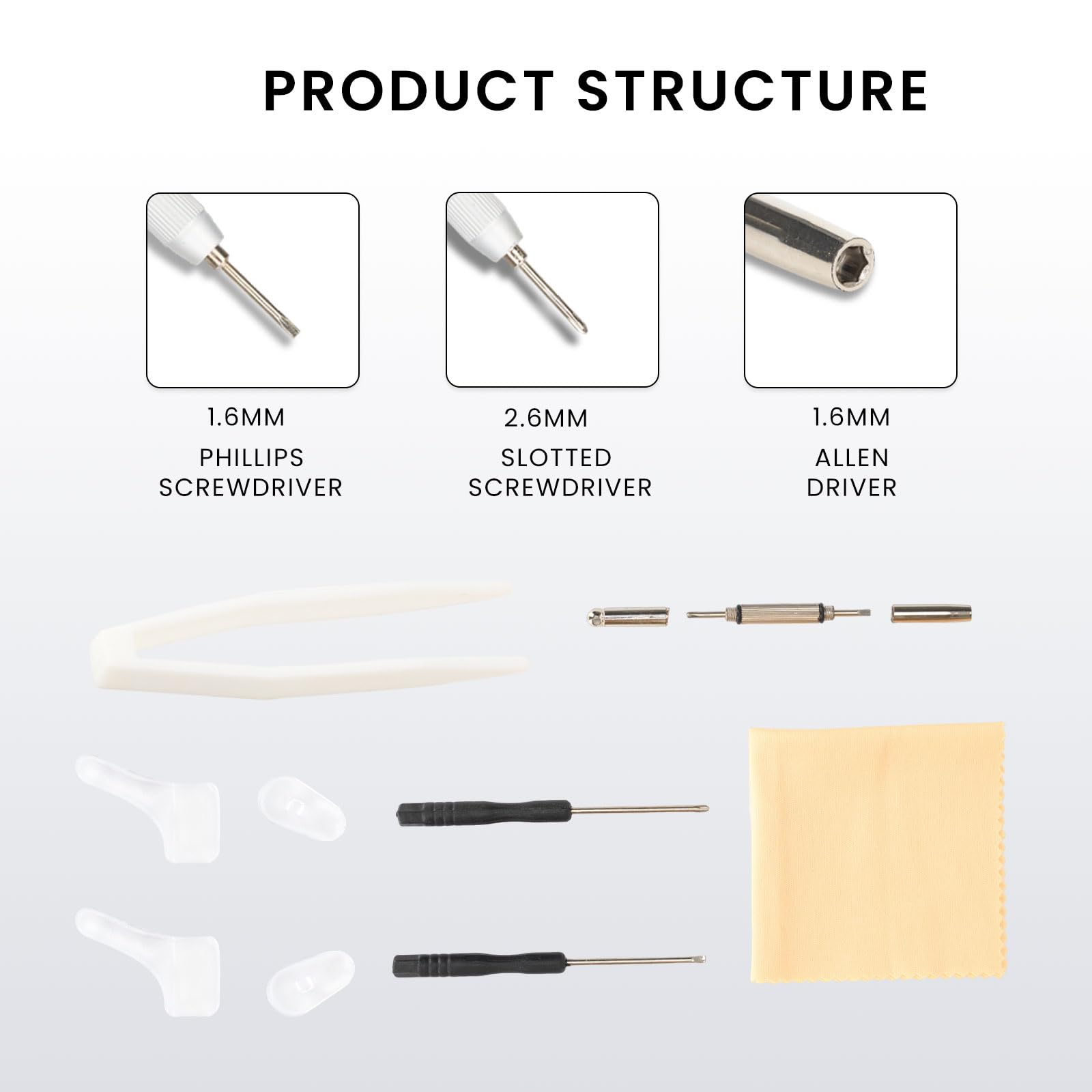 Juego de destornilladores de precisión, kit de reparación de gafas con destornilladores de estilo 10/almohadillas de nariz/destornilladores portátiles 4 en 1/gancho para oreja/pinzas para gafas