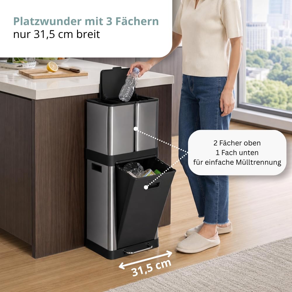 hjh OFFICE Mülleimer CLEAN 3 – Mülltrennsystem mit 3 Fächern, 2x 6L + 1x 20L, Soft-Close-Deckel, Edelstahl-Abfalleimer für Innenbereich, Silber