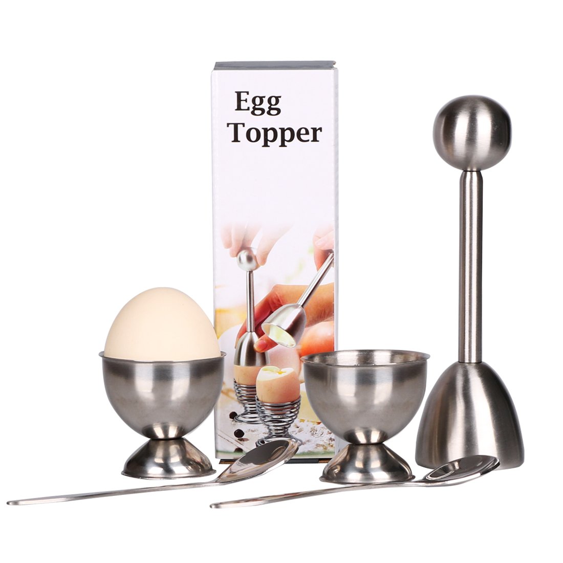 Egg Cutter Topper Set Egg Cracker for Hard & Soft Boiled Eggs Include 2 Egg Cups, 2 Spoons, 1 Topper Cutter Shell Remover Stainless Steel Kitchen Tool