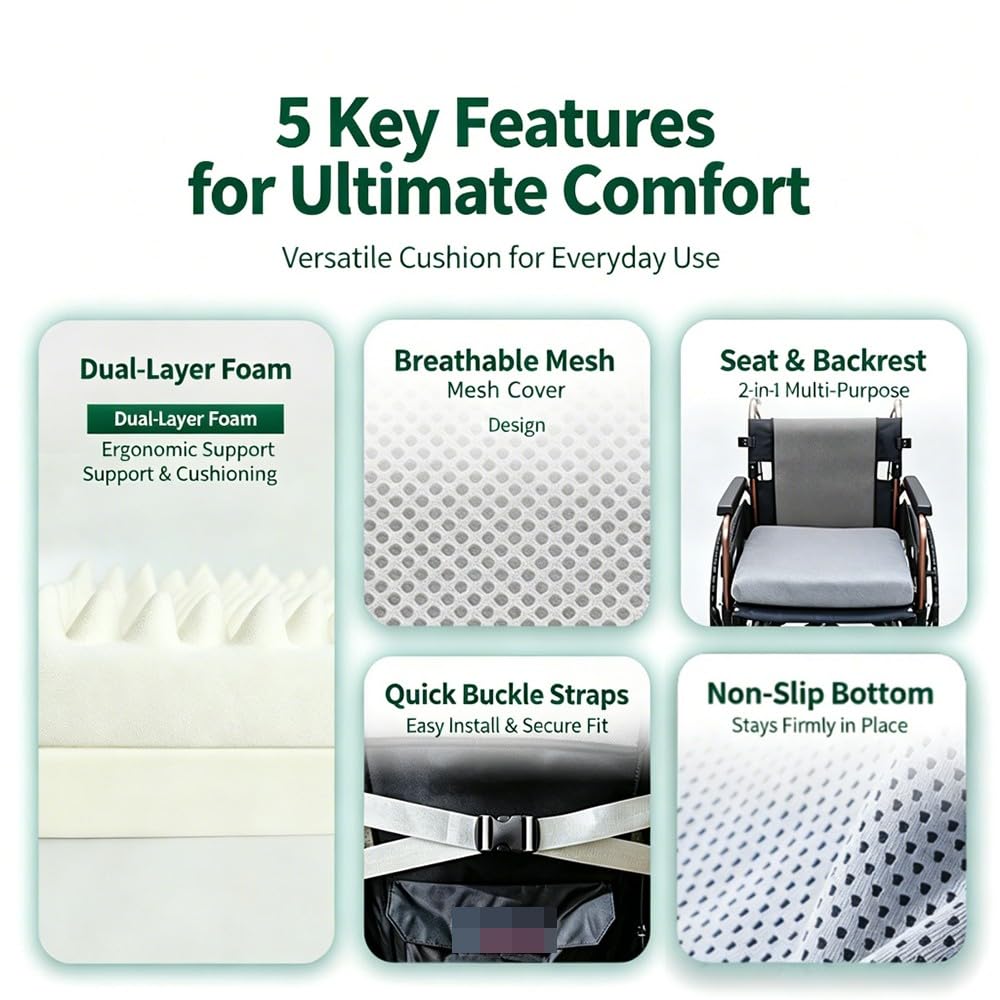 Sitzkissen Rollstuhl 45x40cm, Memory Foam Kissen Für Stuhl Und Rollstuhl, Ergonomisches Komfortkissen Mit Rutschfester Unterseite, Waschbarer Bezug, Unterstützung Für Langes Sitzen, Grau