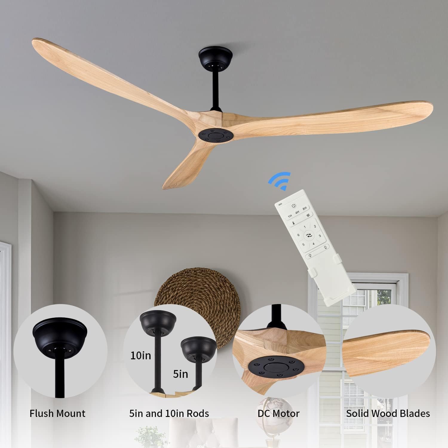 Ceiling Fan No Light, 70 Inch Modern Solid Wood Ceiling Fan with Remote, Quiet DC Motor, Flush Mount Low Profile Indoor or Covered Patio Ceiling Fan for Bedroom Living Room