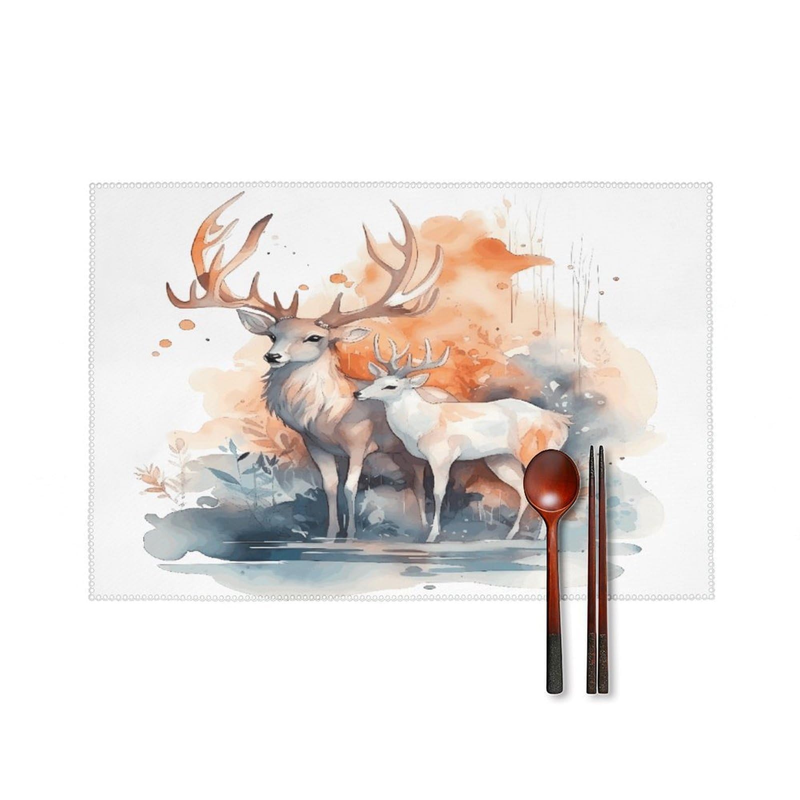 Btcowzrv Style Hand Drawn Deer Canvas Placemats Set Of 6, Wipeable Washable Place Mats For Indoor & Outdoor, Table Mat Decor For Kitchen Dining Party