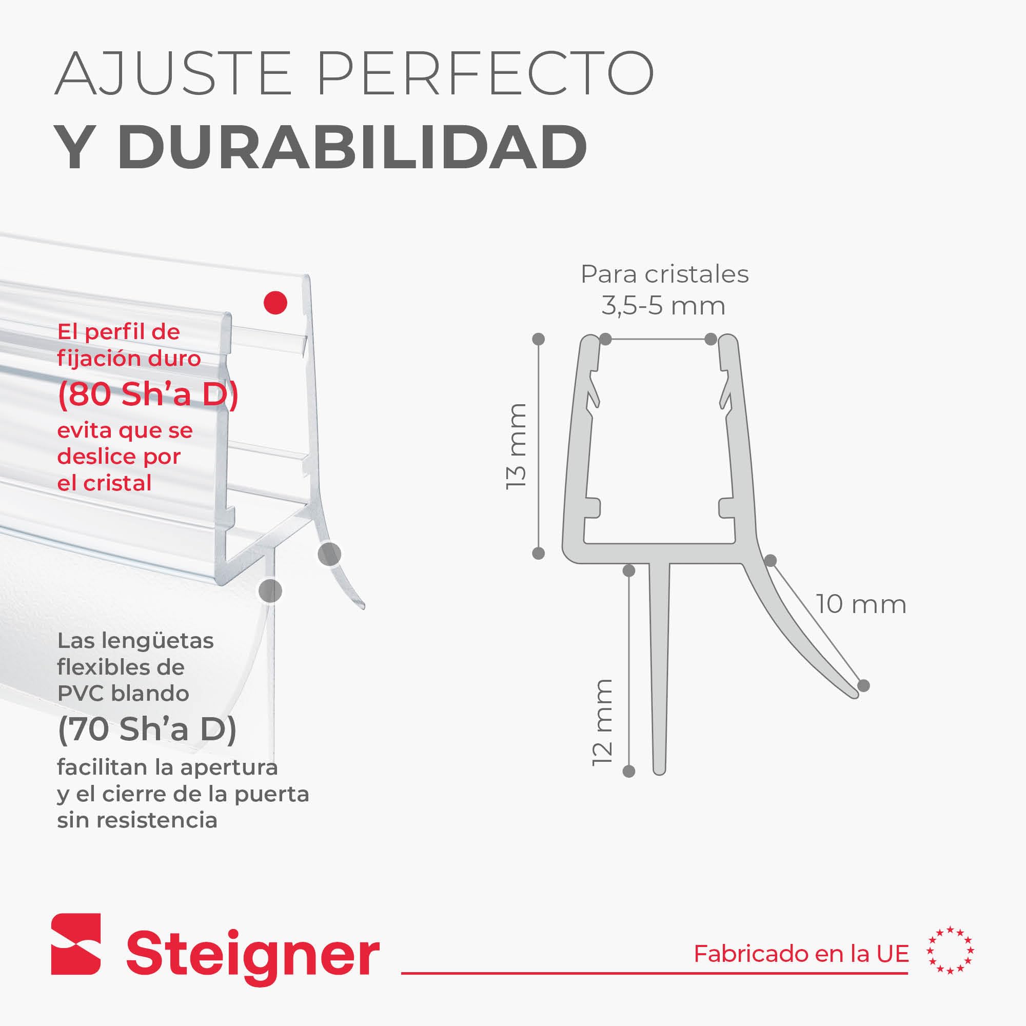 STEIGNER Junta mampara ducha UK13 90 cm (1 ud.) transparente - Junta vertical para ducha angular o pentagonal con puerta 3,5-5 mm - Protección contra fugas, Ajuste perfecto, Fácil instalación — view 5