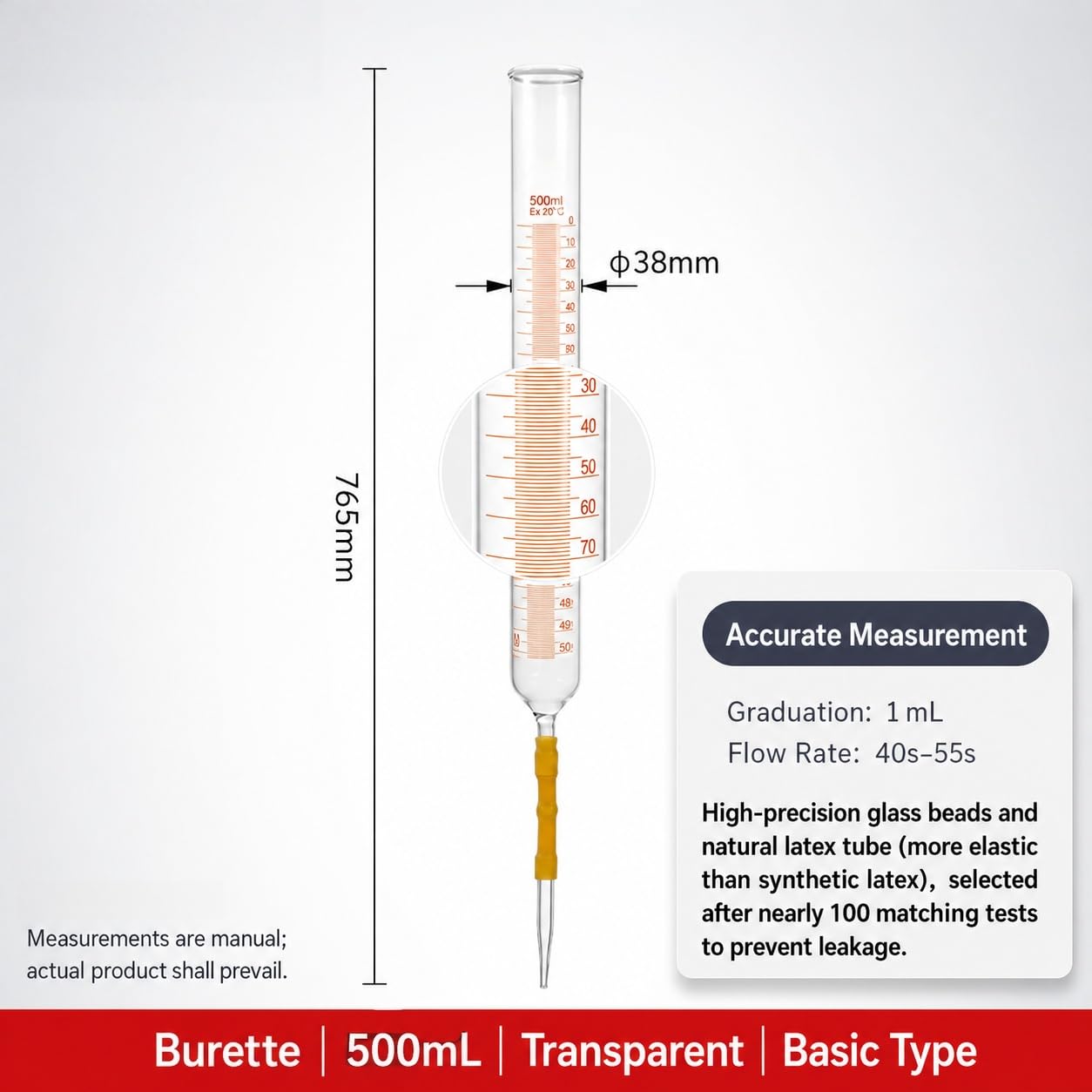 Bureta Alcalina Vidrio Transparente Tubo Caucho Válvula Perla-500mL | Tubo Látex Flexible con Válvula Perla Cristal para Control Flujo Una Mano
