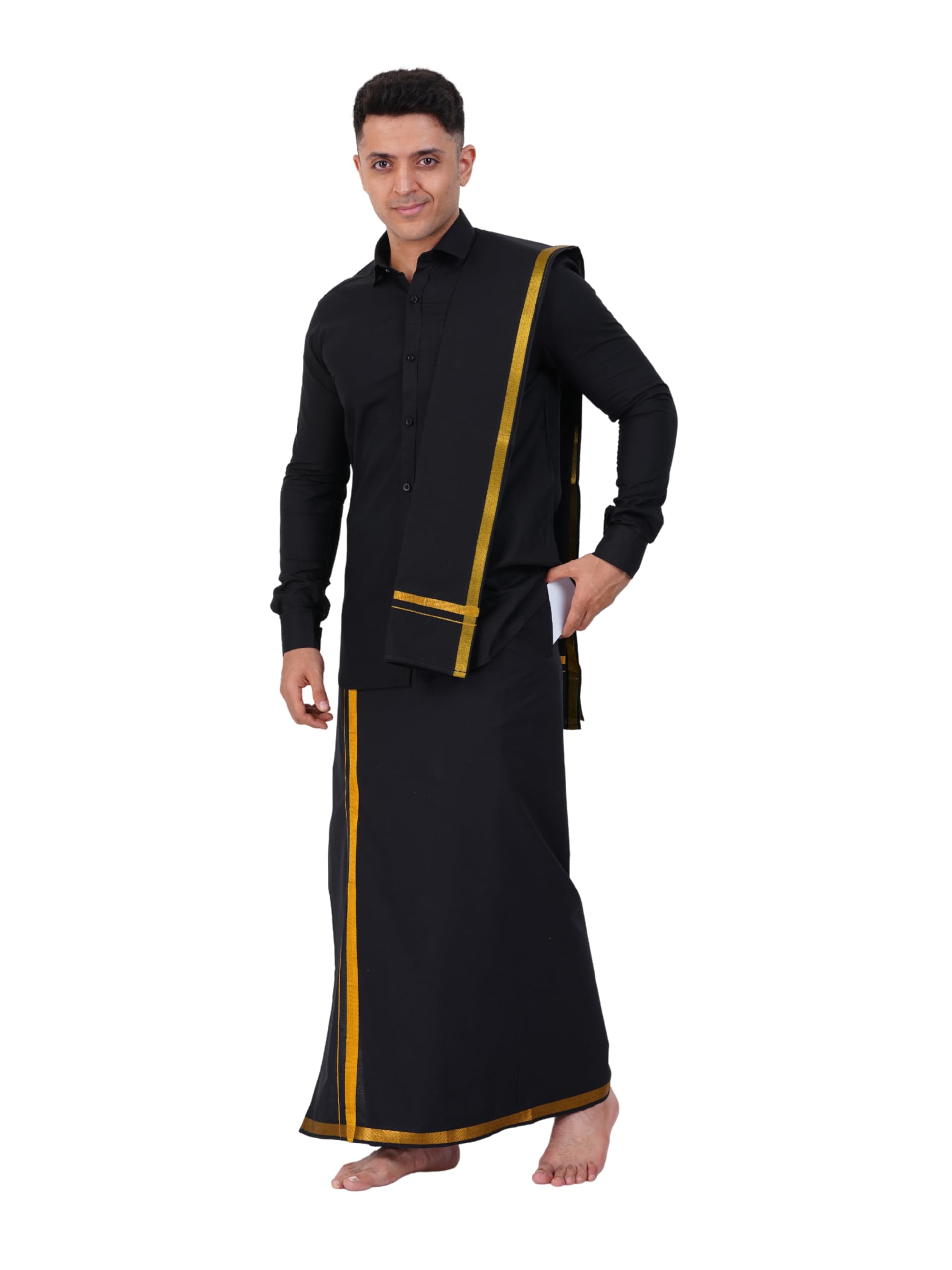 prakasam cotton Mens Flexi Readymade Black Jari Border dhoti + Full sleeve Black Shirt + Matching Black Jari border towel-picture-14