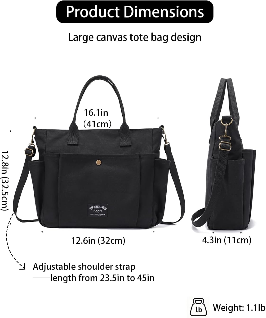 Utility 16oz Cotton Canvas Tote Bag for Women, Casual Crossbody Handbags, Shopping Shoulder Bags with Zipper Pockets - Image 4