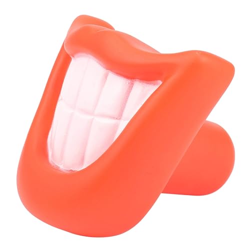 Divertido de perro mastica sonido chirriante risa grande sonrisa y dientes jugando juguete rojo