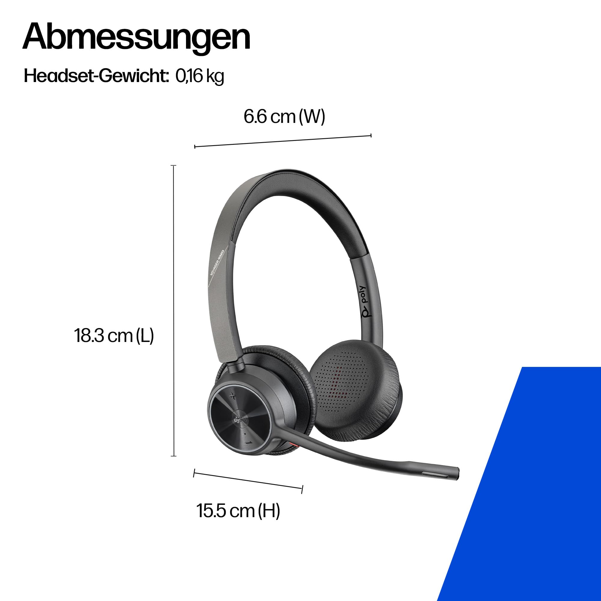 Poly Voyager 4320 UC schnurloses Headset, Stereo-Kopfhörer mit Noise Cancelling-Mikrofonarm, Verbindung mit PC/Mac/Mobiltelefon über Bluetooth, Kompatibel mit Teams (zertifiziert), Zoom und andere