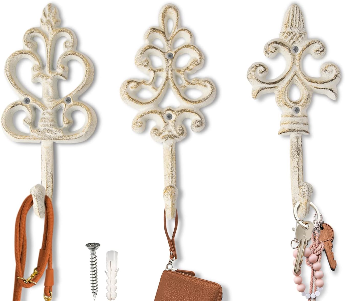 Antique Chic Cast Iron Decorative Wall Hooks - Rustic - Shabby French Country Charm - Large Decorative Hanging Hooks - Set of 3 - Screws and Anchors for Mounting Included