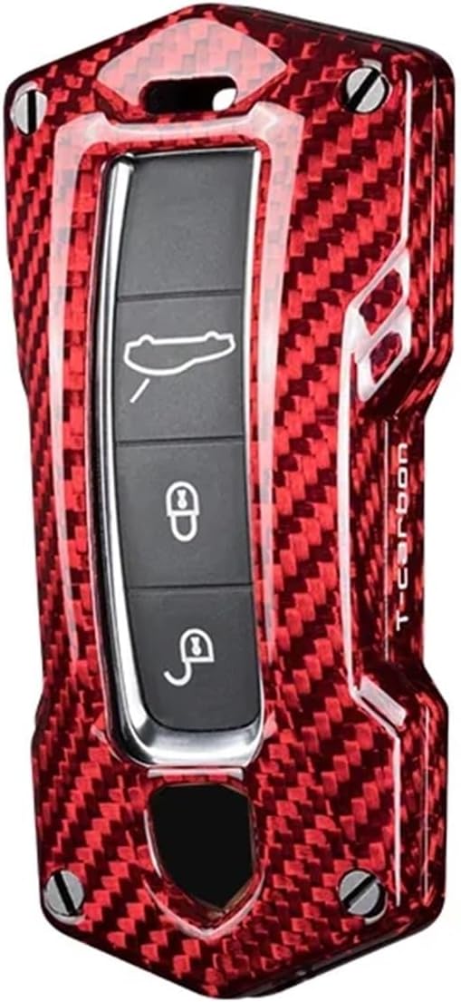 Car Key Case Bag Carbon Fiber Remote Control Housing Cover Compatible for Porsche Panamera Macan Cayenne 718(Red)
