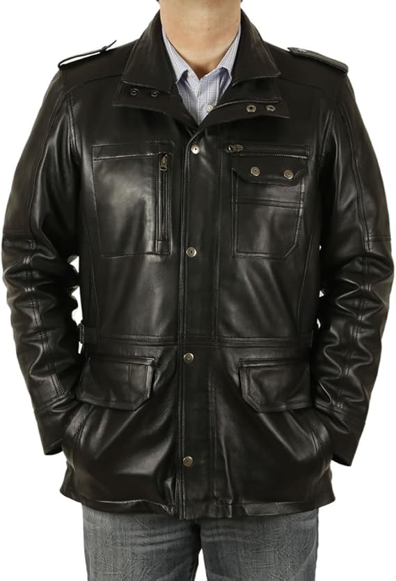 Black Leather Multi Pocketed 3/4 Jacket at Amazon Men’s Clothing store