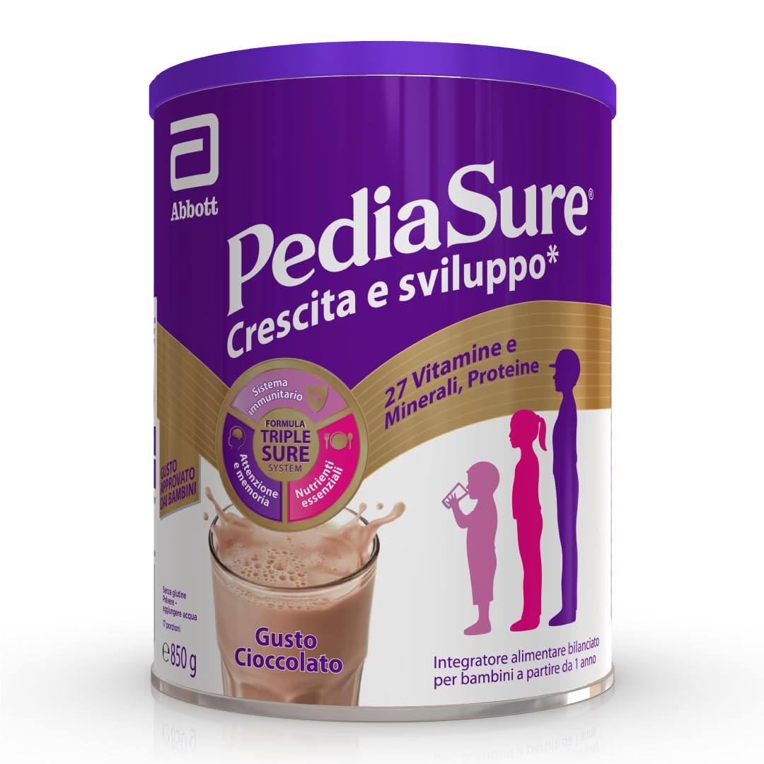 PEDIASURE Crescita e Sviluppo Integratore Alimentare per Bambini, Multivitaminico con 27 Vitamine e Minerali e Proteine, da un Anno in Su, Confezione 850g, Gusto Cioccolato