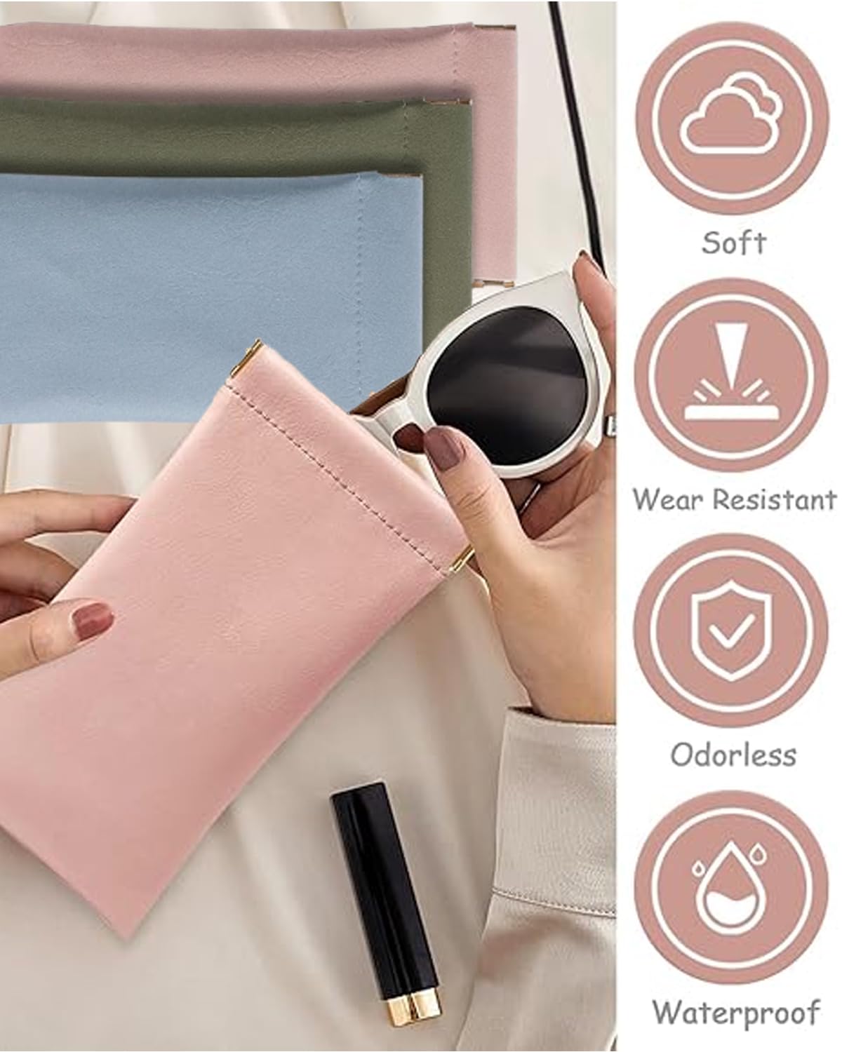 MittiJoy 3 PCS Sunglasses Case, Sunglasses Case For Women, Portable Sunglass Cover Set, Soft Protective Eyewear Pouch, Travel-Friendly Storage For Daily Use, Blue Green Pink - Image 3 thumbnail