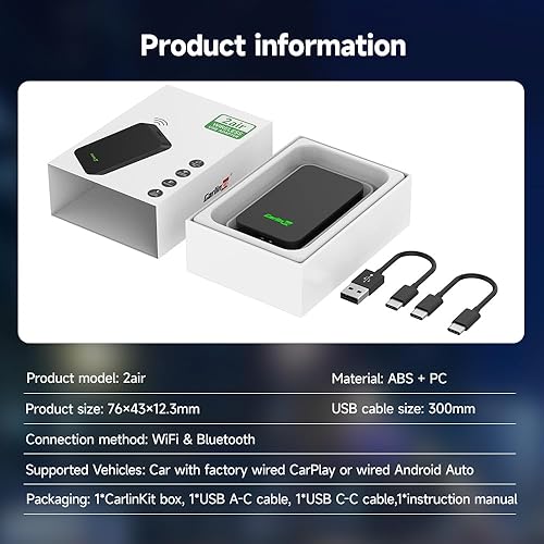 Miniatura 9 de CarlinKit Adaptador inalámbrico CarPlay 5.0, modelo de coche con cable de fábrica, 2026, Plug & Play, conexión automática, actualización OTA, chip
