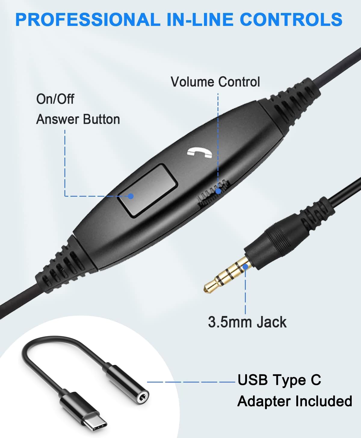 Casque de Téléphone Portable 3,5mm avec Micro Anti-Bruit, Oreillette PC USB-C pour Ordinateur Portable, iPhone Samsung Smartphone, Bureau Professionnel Centre d'appels, Zoom Teams Skype, Chat Claire
