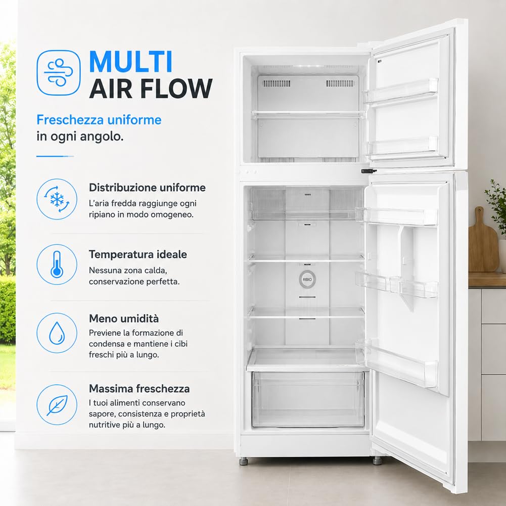 BAKAJI Frigorifero Bianco Capacità 413 Litri con Congelatore e Doppia Porta, Frigo Libera Installazione con Tecnologia No Frost e Multi Air Flow, Bassa Rumorosità, 70 x 67 x 172.3 cm (Bianco)