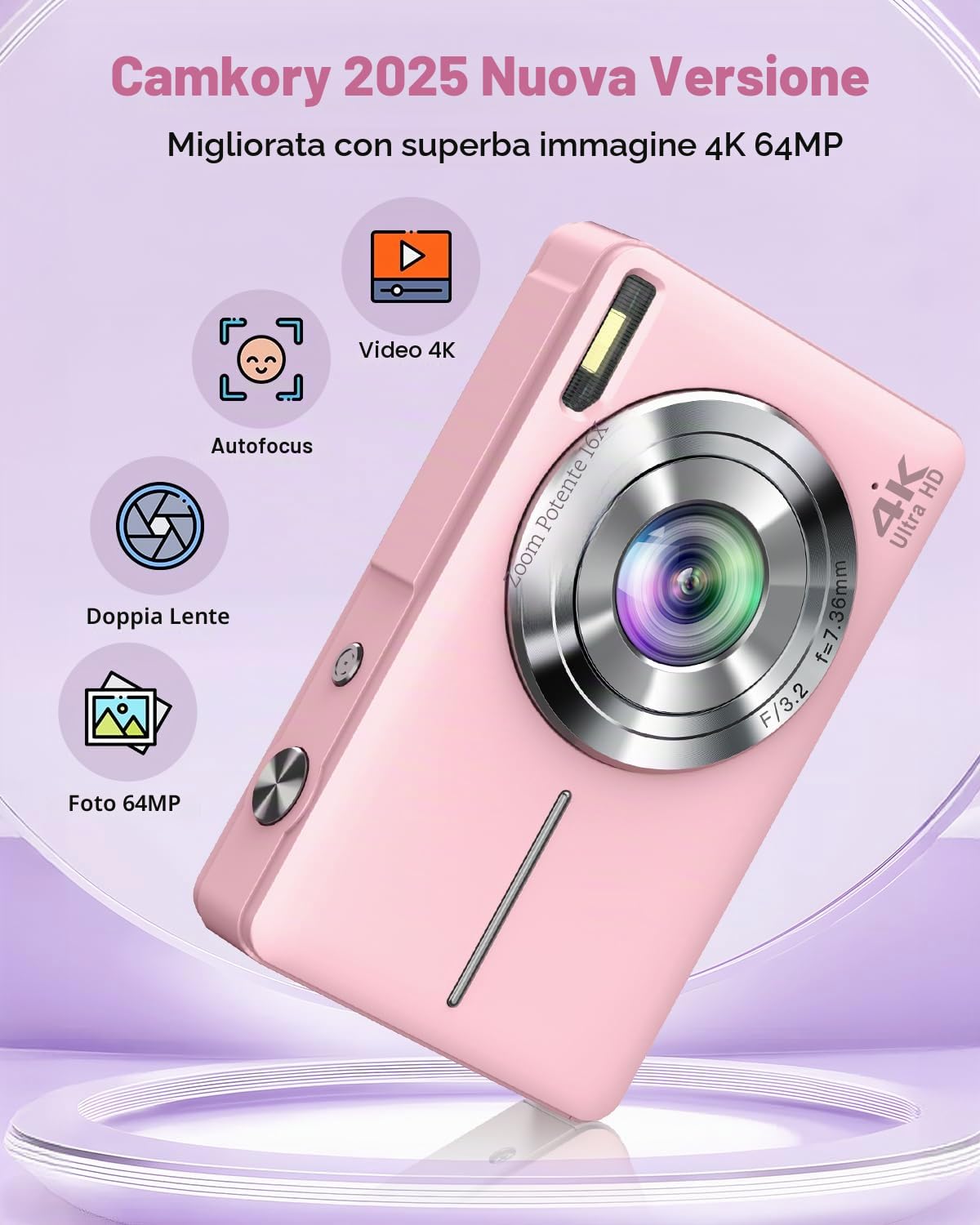 Fotocamera digitale 4K 64MP, Macchina Fotografica Digitale doppia fotocamera con autofocus, flash, zoom 16X, scheda da 32 GB, fotocamera per bambini, adolescenti, e principianti - rosa