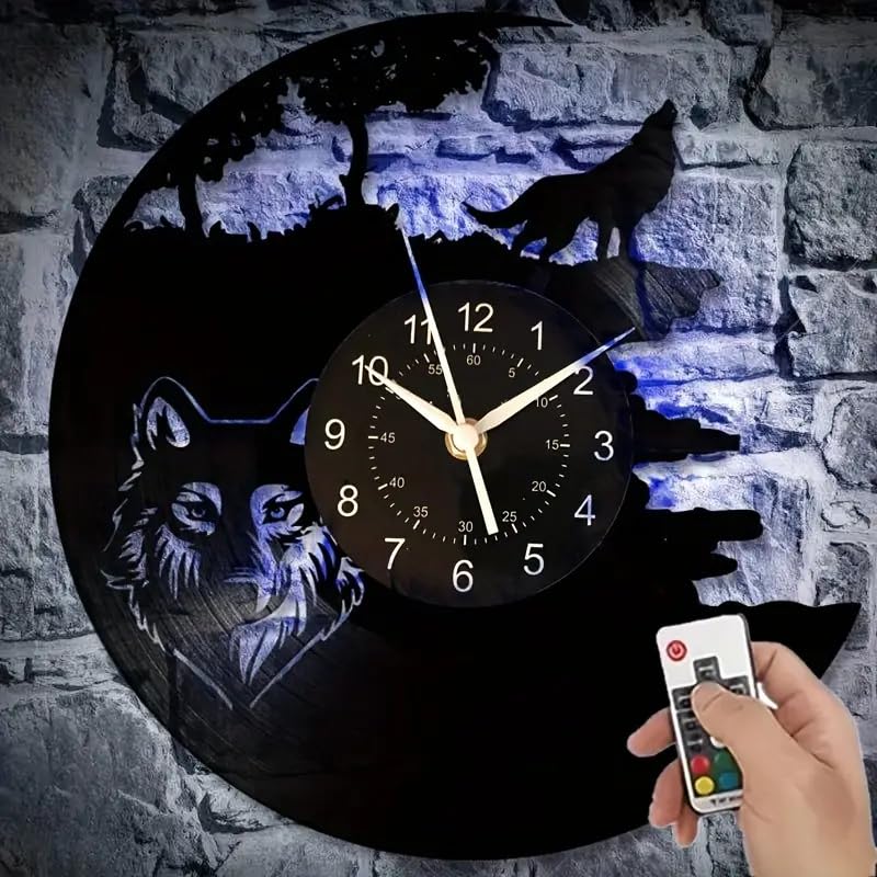 LED Vinyl Wall Clock Forest Wolf Theme Wall Clock, Silent Clock, for Birthday, for Living Room Bedroom, Room Home Decor, Kitchen Office Decor