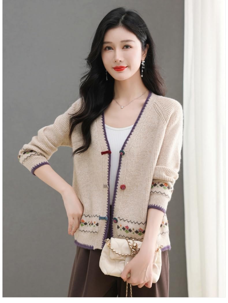 Rebeca De Punto Mujer, Cárdigan De Punto con Cuello En V para Mujer, Naranja, Manga Larga, Botón A Mano, Punto De Cable, Chaqueta Tipo Suéter De Jacquard De Diamantes, Abrigo Informal D
