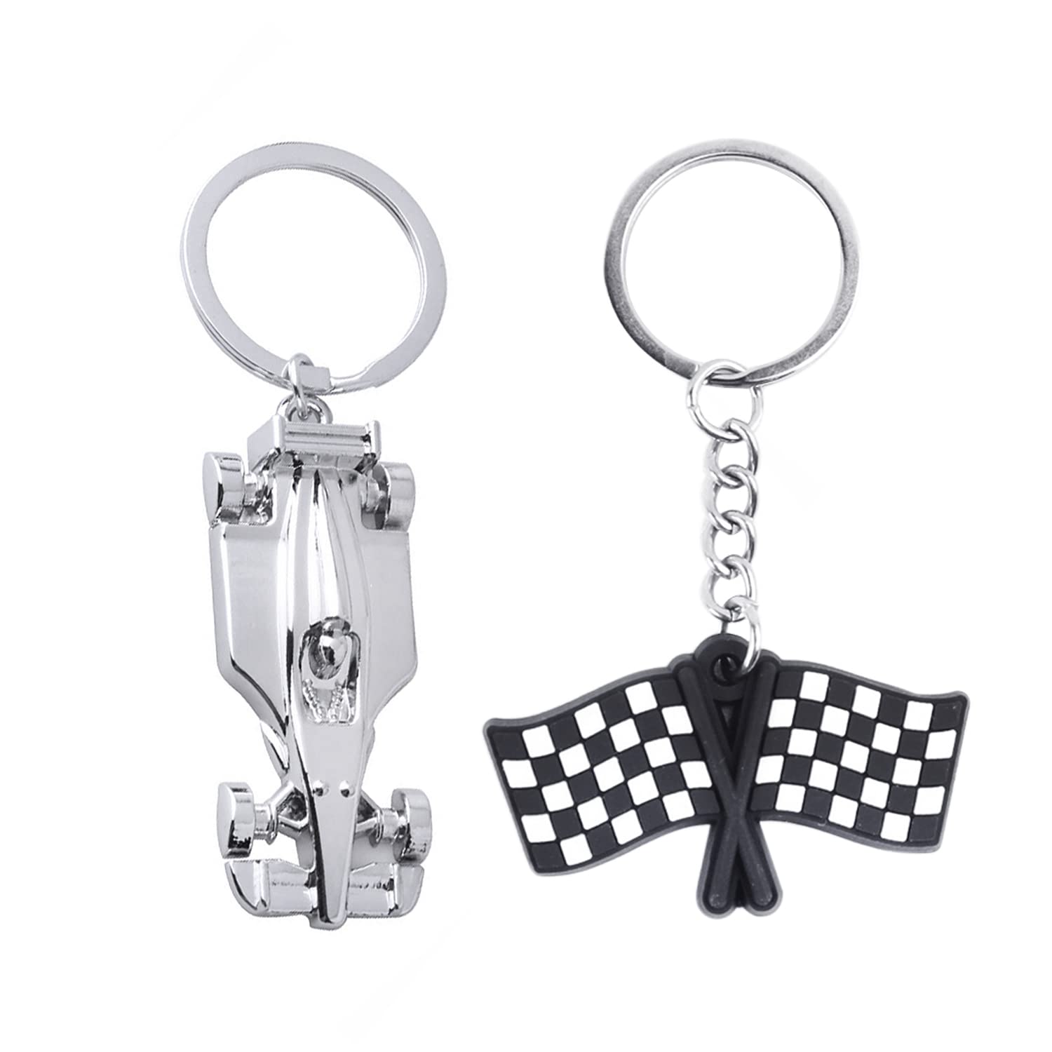 2 Pcs Silver Metal Keychain, Racing Car Model Flag Keychain, Personalized Creative Pendant for Boys' Gifts