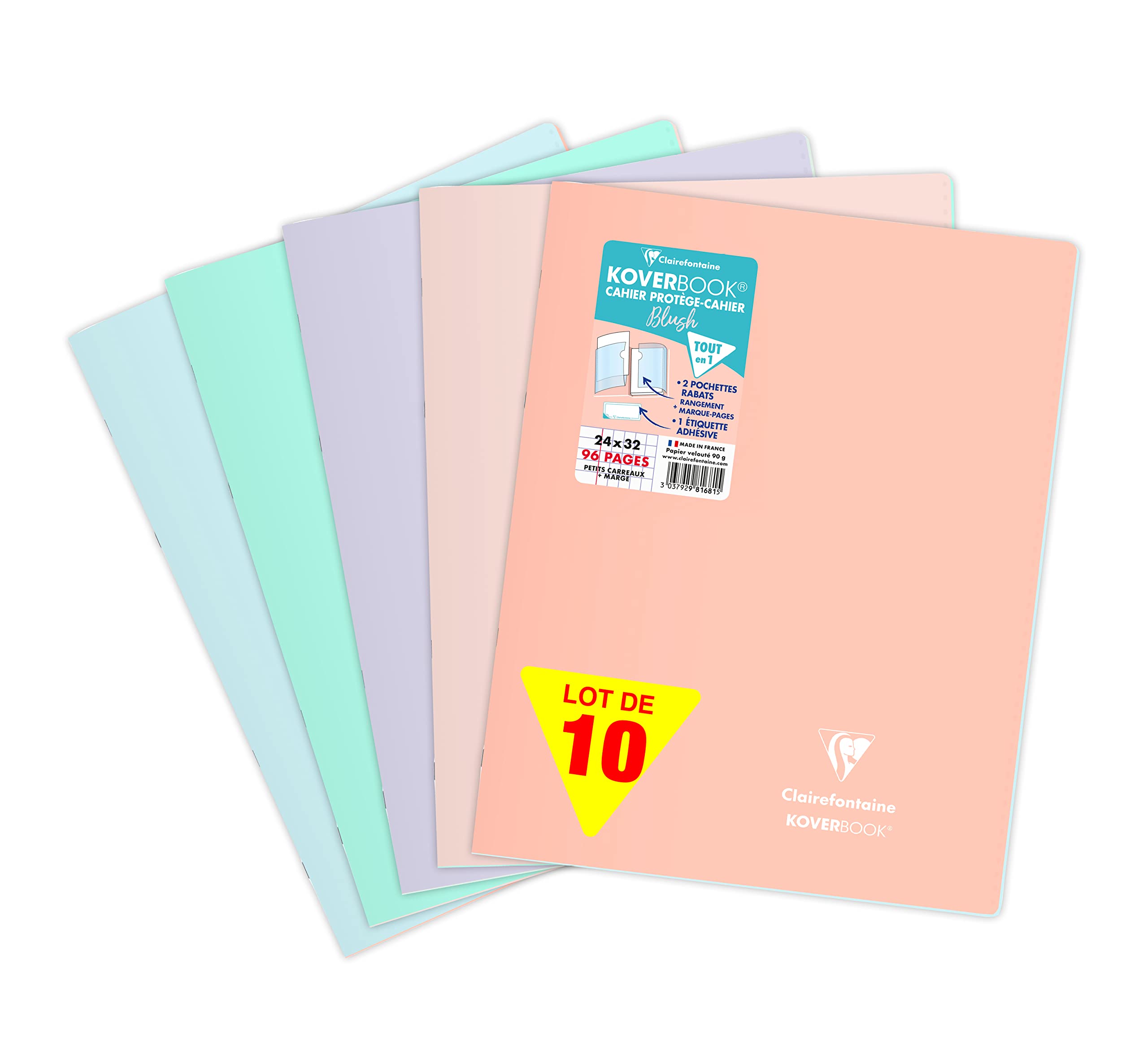 Clairefontaine 981681C Lot de 10 Cahiers Agrafés Koverbook Blush - 24x32 cm - 96 Pages Petits Carreaux avec Marge - Papier Blanc 90 g - Couverture Polypro Opaque - Couleurs Aléatoires